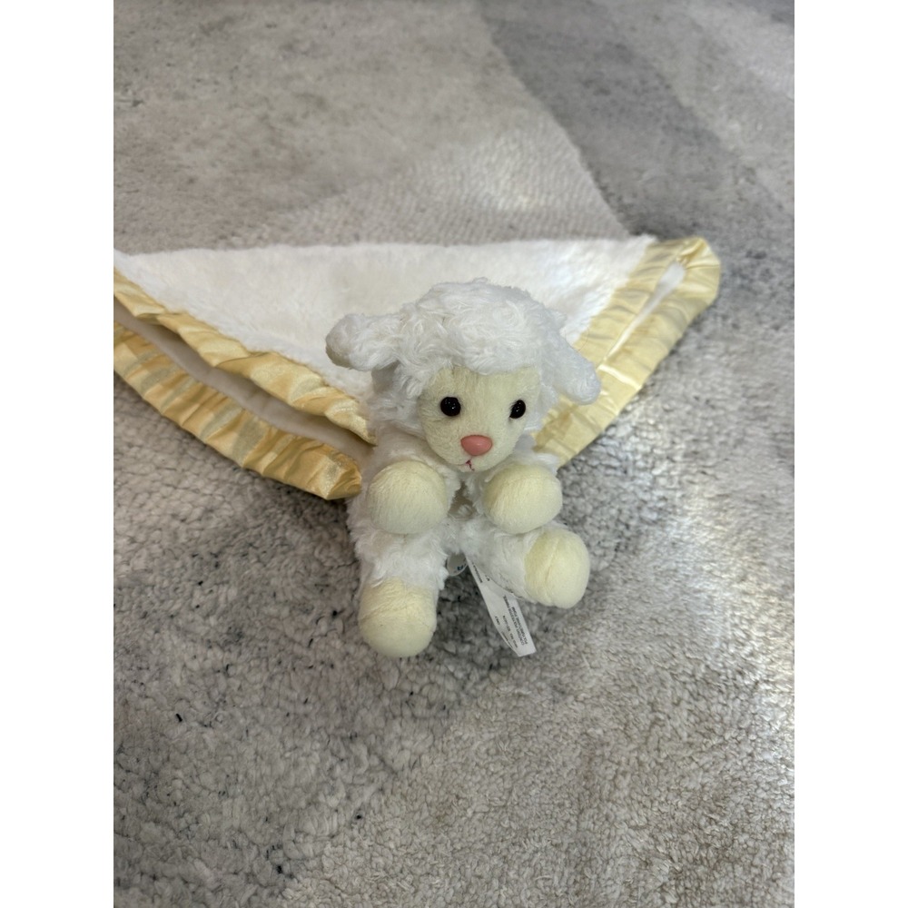 Aurora Baby Lamb Sheep Lovey 14" White Yellow Satin Trim Security Blanket